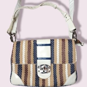 Baguette Satchel Striped Neutral Crossbody or Shoulder Canvas & Leather Handbag